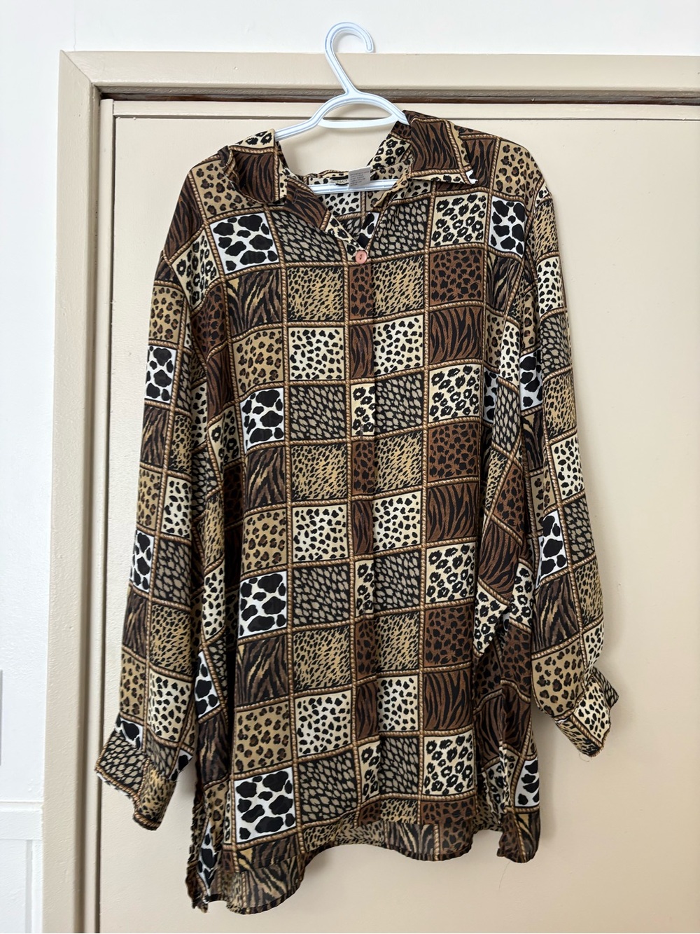 Notations woman’s 2X Brown and Black Patchwork Animal Print Button-Down Shirt